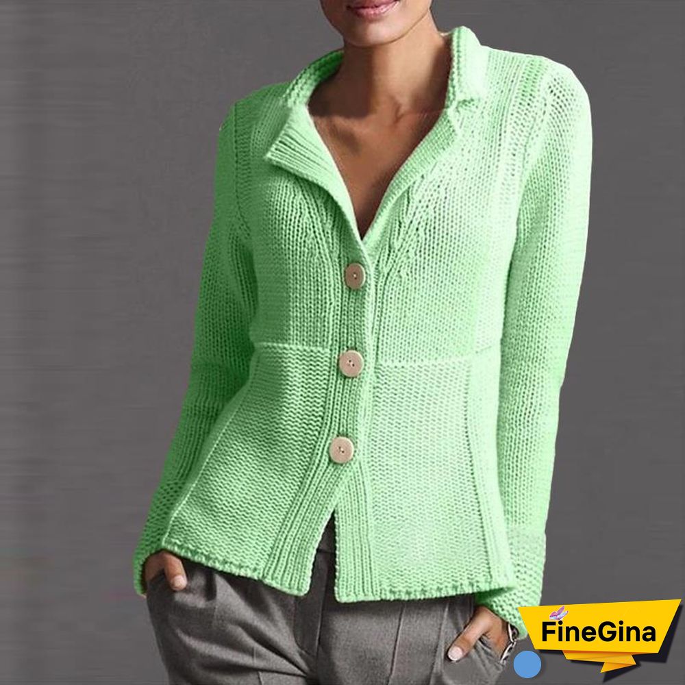 Lapel Plain Button Knit Sweater Cardigan