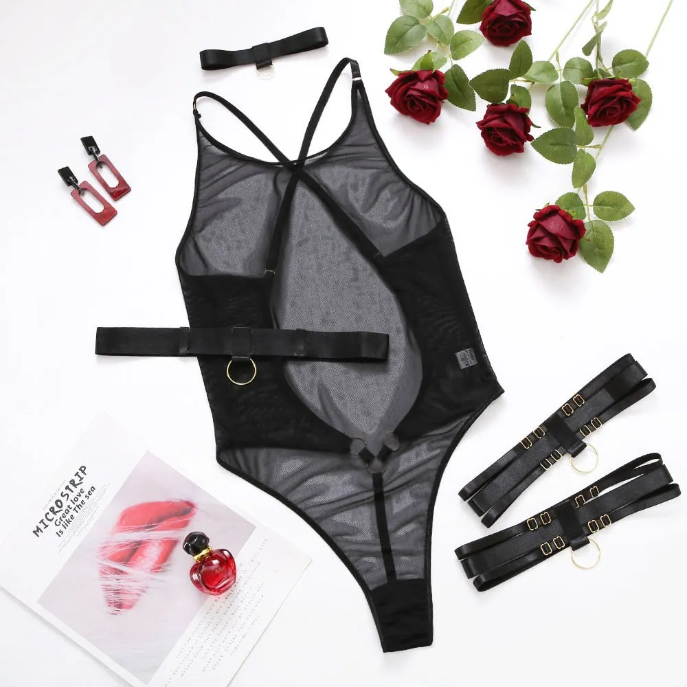 MIRABELLE Bodysuit Women Lace Sexy Lingerie Transparent Porn Sex Suit Sissy Exotic Costumes Body Tie Waist Underwear Intimate