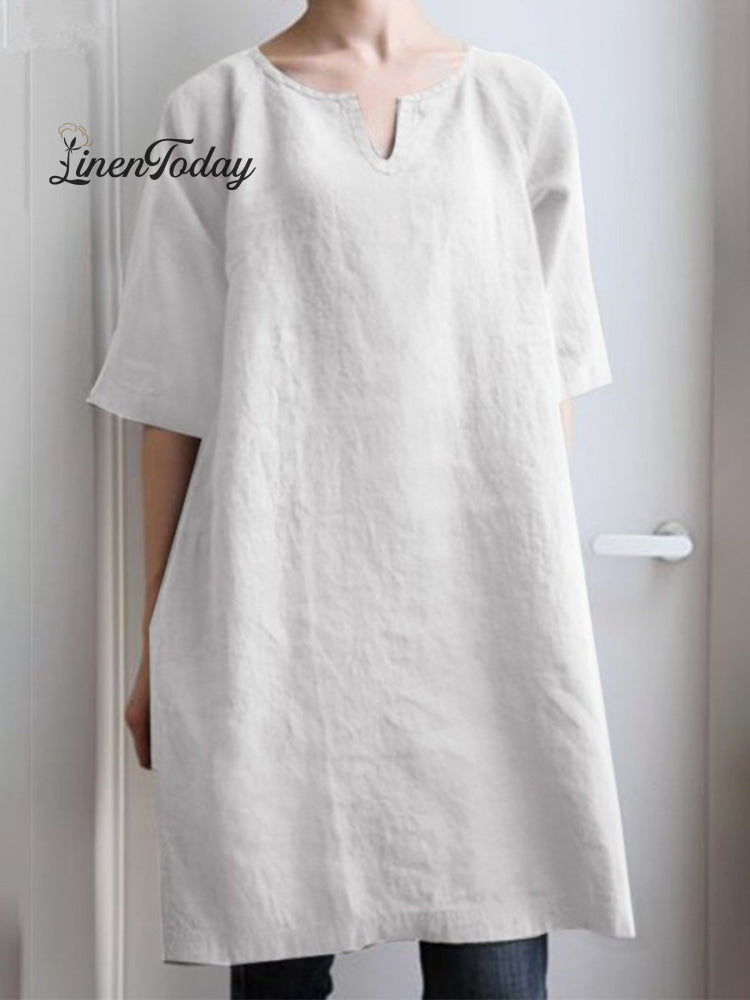 Solid V - Neck Cotton And Linen Casual Mid - Sleeve Dress White / S