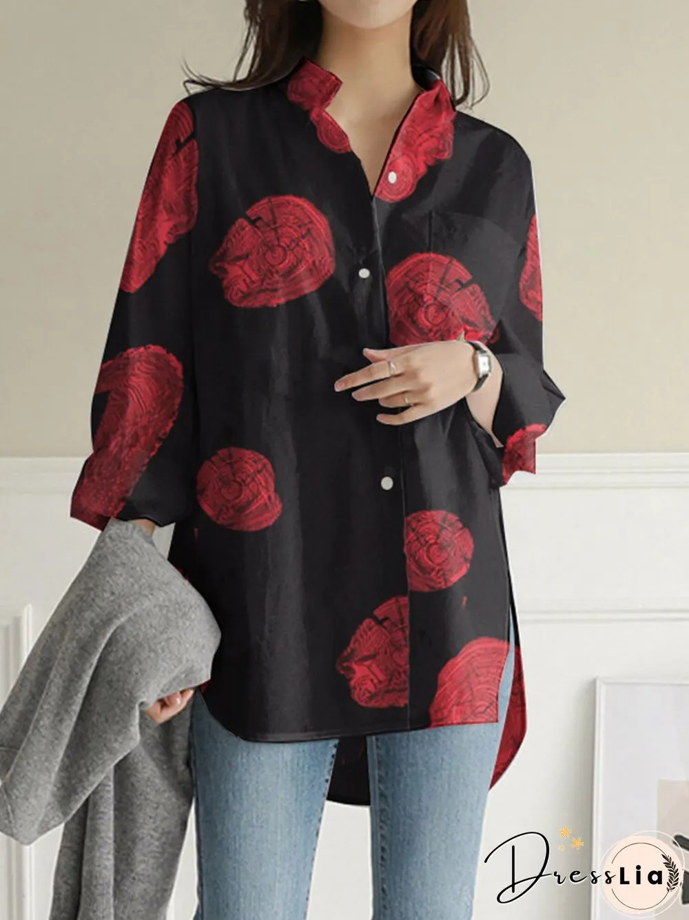 Geometry Print Long Sleeves Casual Loose Blouse With Pockets