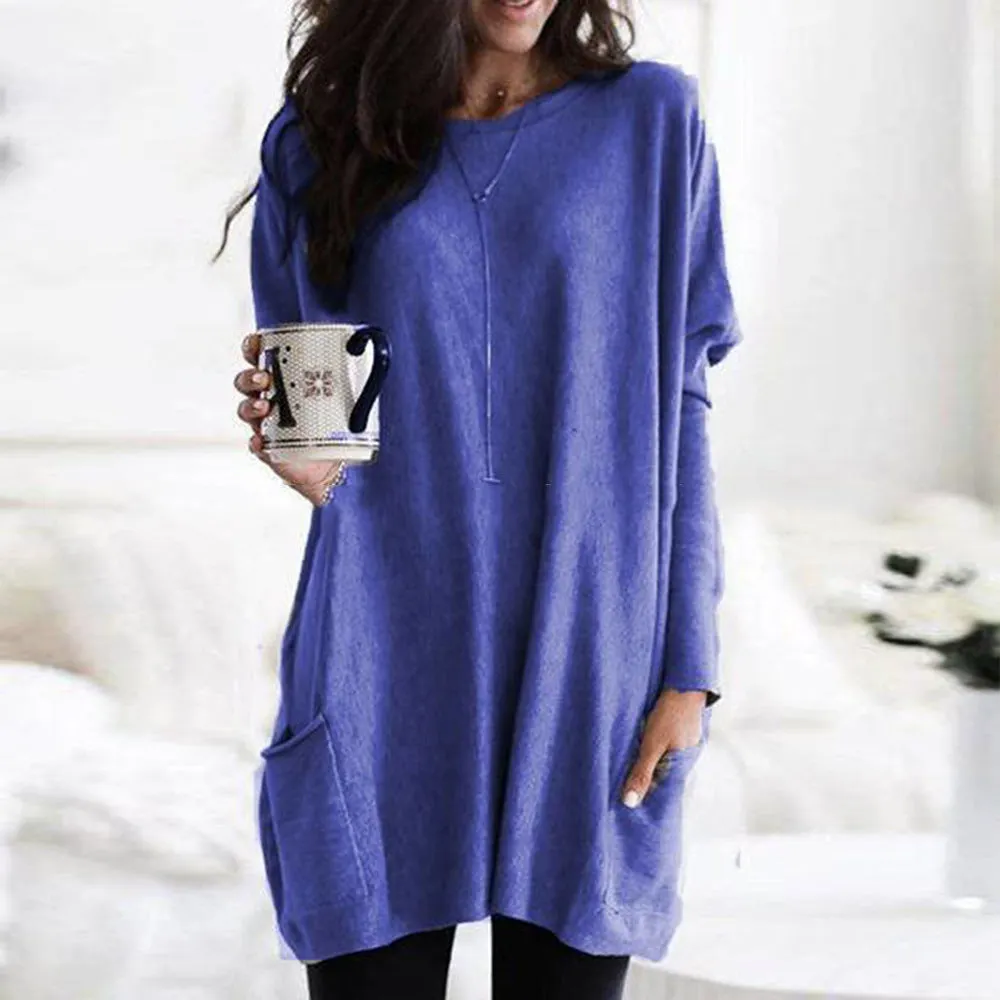 Brownm Autumn Pullover Casual Round Neck Long Sleeve Pocket T-shirt Top