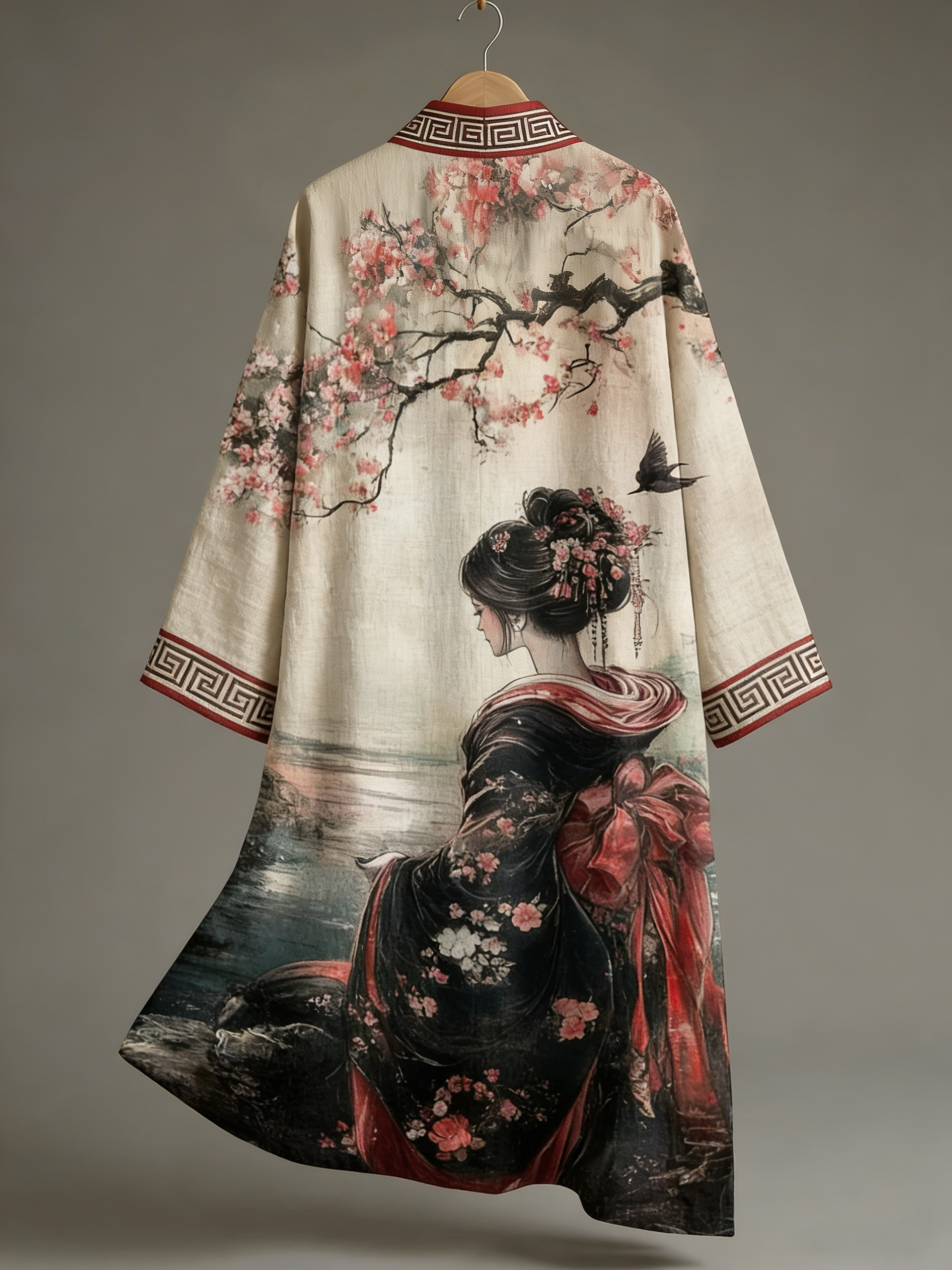 Vintage Elegant Japanese Geisha With Cherry Blossom Art Linen-blend Long Kimono elevenforest
