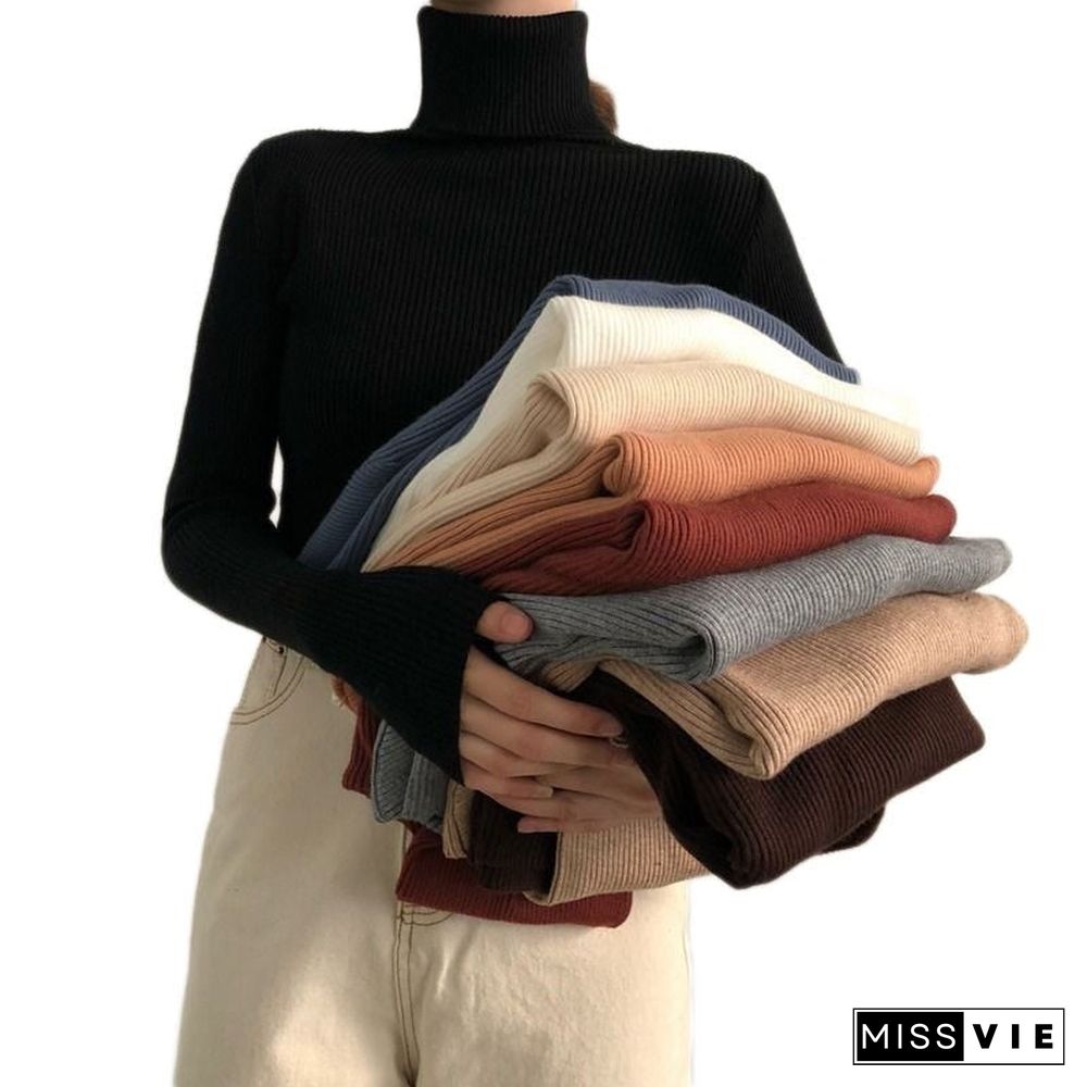 Turtleneck Sweater Standard or Thick Autumn Winter Women Knit Ribbed Pullover Warm Soft Elastic Jumper Long Sleeve Slim Outfits