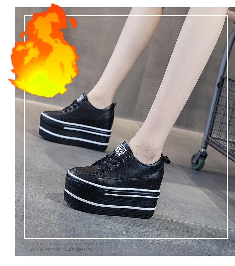 Fujin Super High Thick Heel Platform Flats Women Casual Shoes Genuine Leather Soft High Quality Casual Shoe Sneakers White Black
