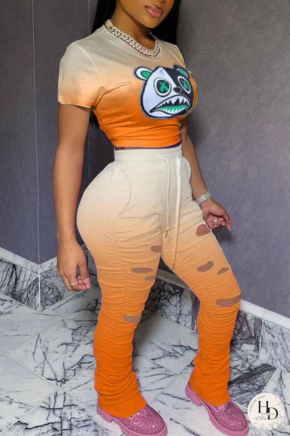 Orange Fashion Casual Patchwork Print Two Piece Suits Straight Short Sleeve Two Pieces