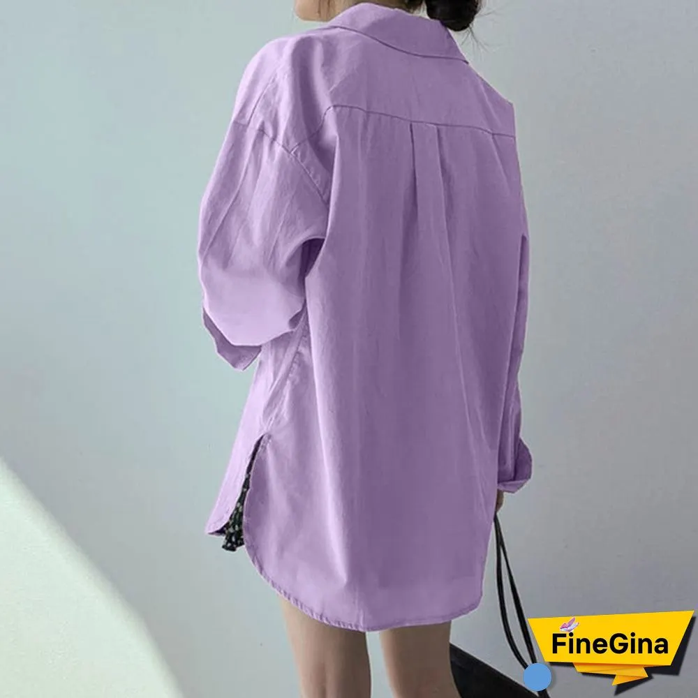 Women Drop Shoulder Long Sleeve Shirt Side Slit Oversized Shirt Casual Blouse