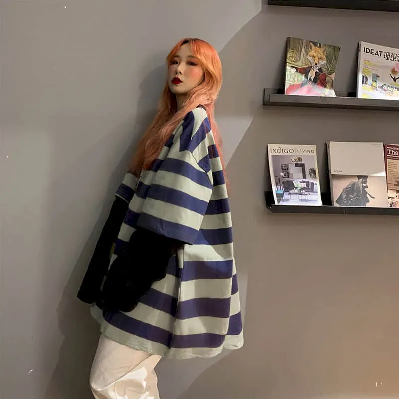 Korean Harajuku Fake Two Striped Long-sleeved T-shirt Loose Plus Size Clothes Vintage Tops Goth Women Clothes Woman Tshirts