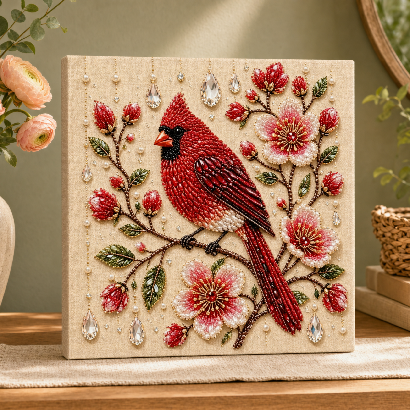 Framed Cardinal Blossom - Pearls Painting Kit DIY Diamond Painting