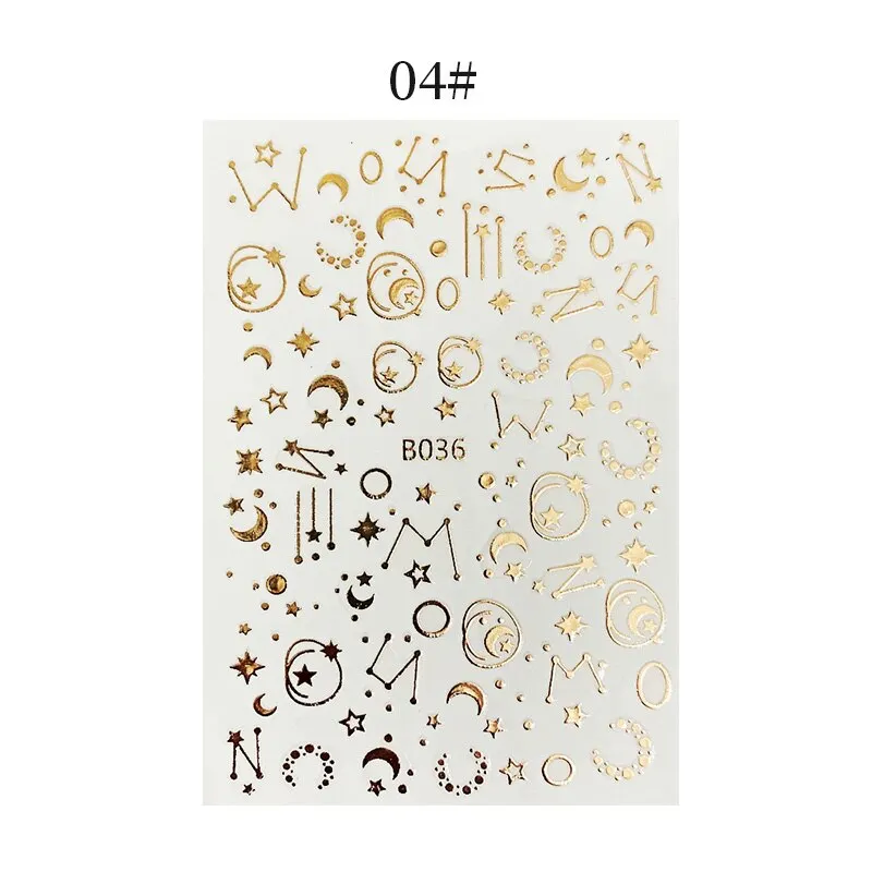English Letter Design 3D Nail Stickers Iridescent Geometrics Gold Stars Moon Transfer Nail Art Sliders Decoration Accessories