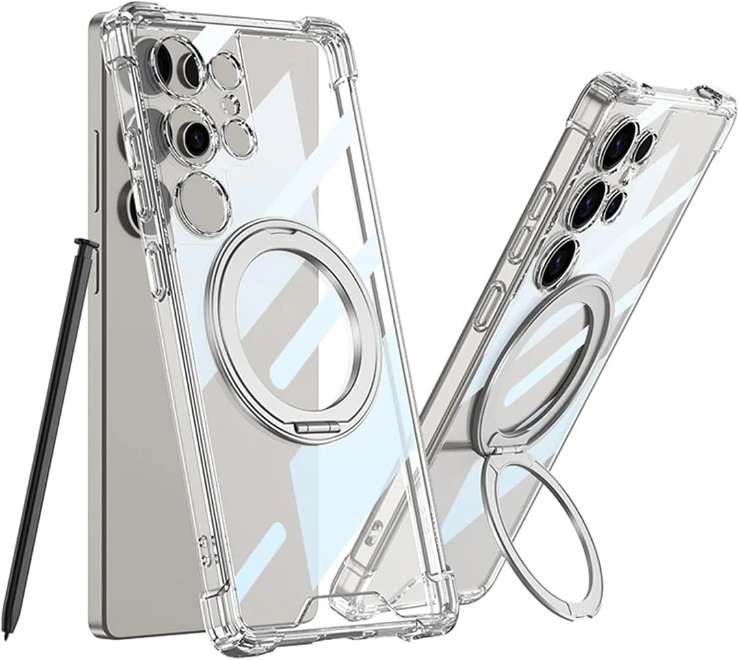 Case for Samsung Galaxy S25 Ultra, Clear Anti-Yellow PC Rugged Cover with Ring Holder Stand Shoockproof Phone Case,Black