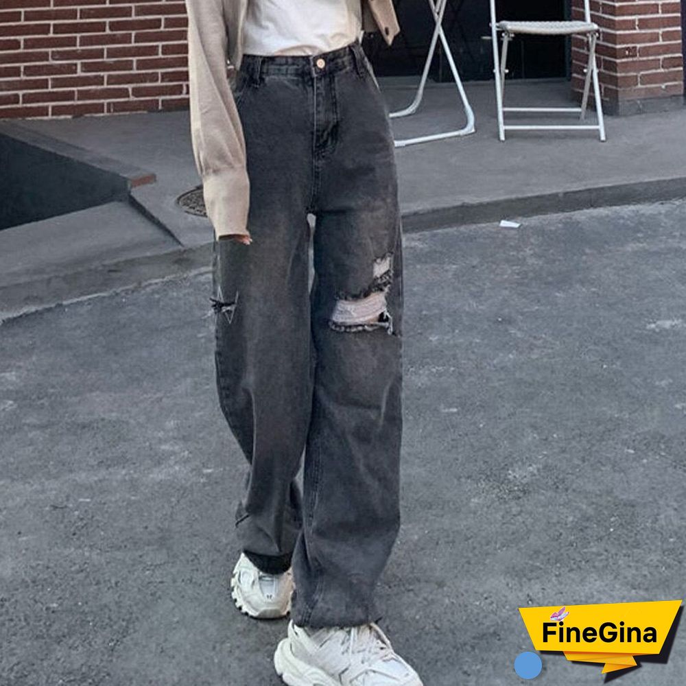 Ripped Jeans New Straight High Waist All-match Distressed Women's Pants Streetwear Loose Wide Legs Women's Fashion Jeans