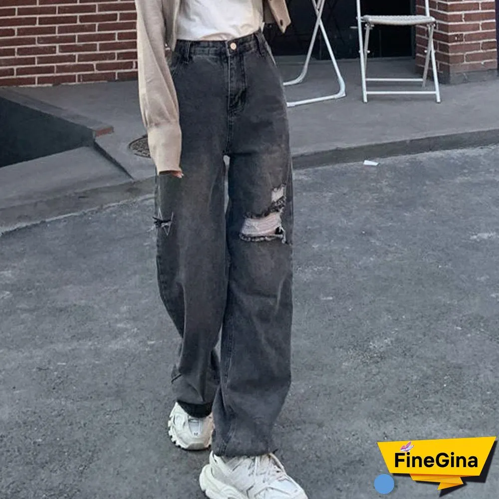 Ripped Jeans New Straight High Waist All-match Distressed Women's Pants Streetwear Loose Wide Legs Women's Fashion Jeans