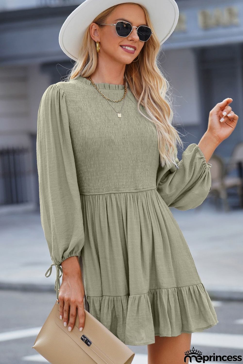 Smocked Tied Balloon Sleeve Mini Dress
