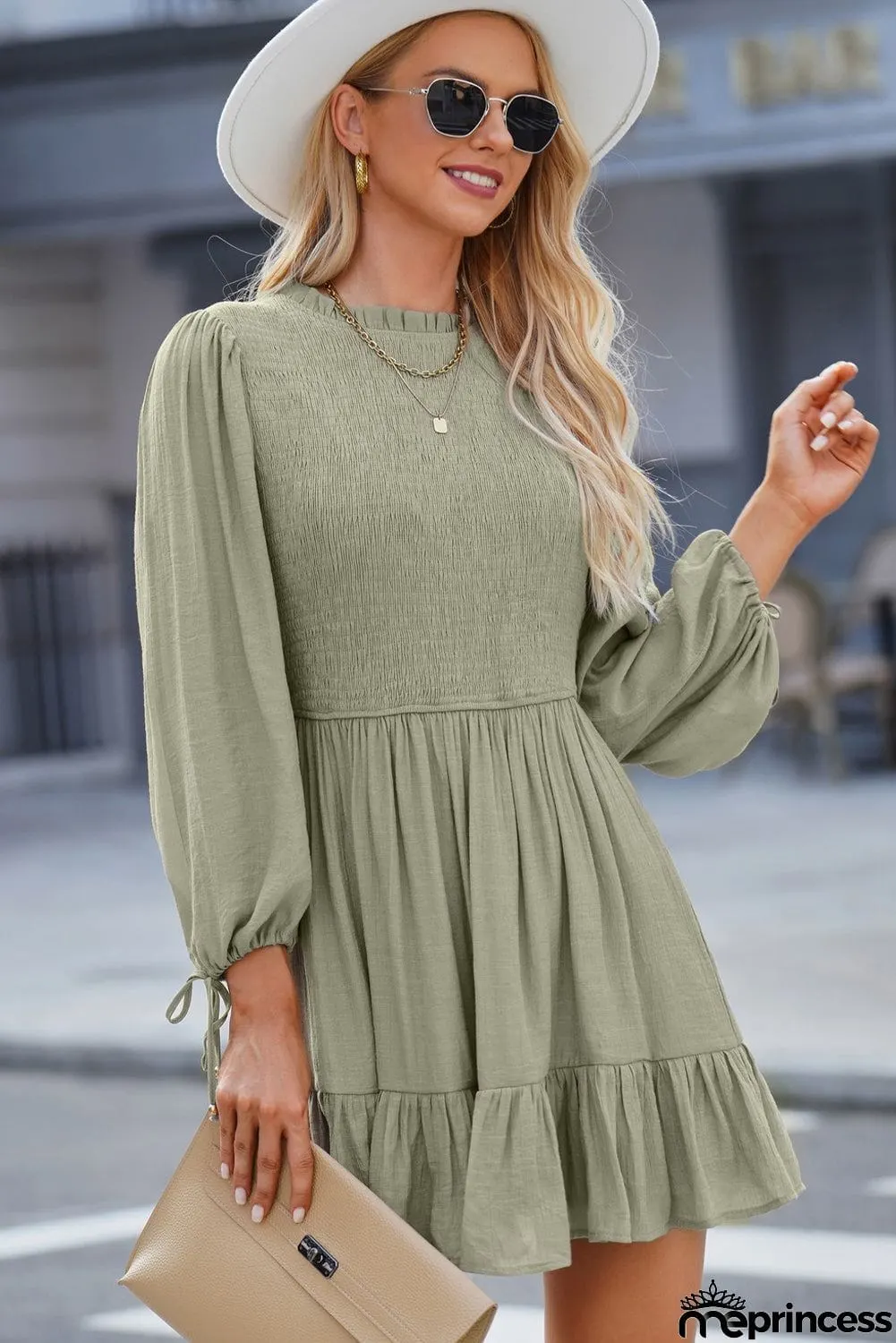 Smocked Tied Balloon Sleeve Mini Dress