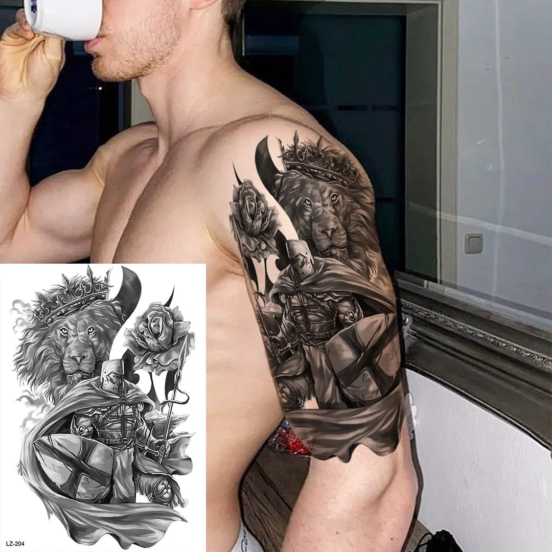 Realistic Knight Tribal Armband Temporary Tattoos For Men Adult Lion Wings Shield Fake Tattoo Body Art Unique Tatoos Large