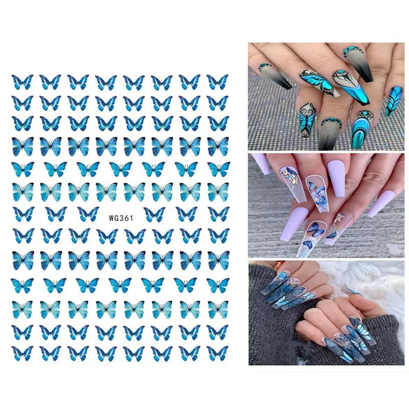 1pc Holographic Blue Nail Stickers Pink Colorful Butterfly Art Sticker With Adhesive DIY Extension Flowers Rose Nail Decoration-Nail Inspo