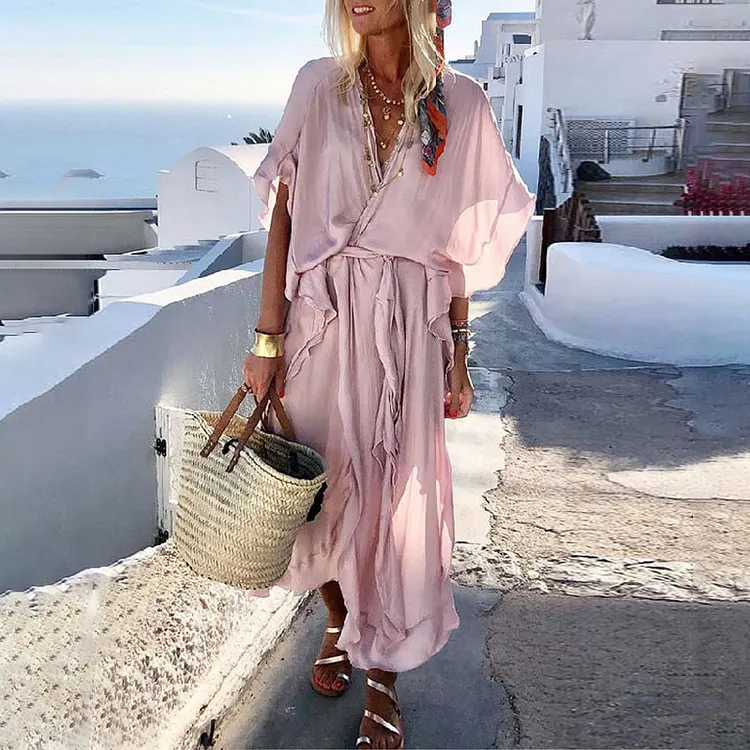 Bohemian Ruffled V Neck Maxi Dress