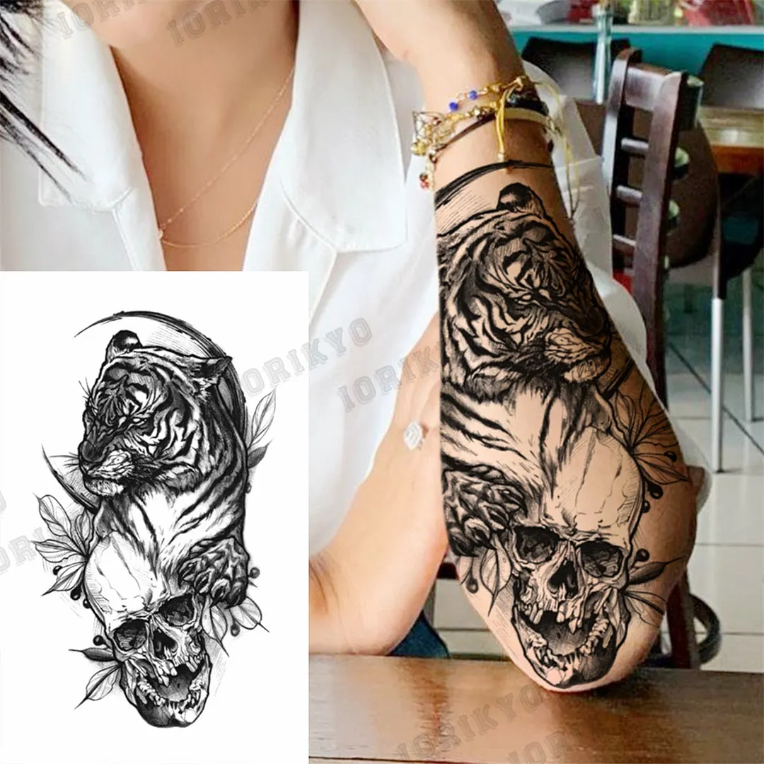 Black Lion Wolf Temporary Tattoos For Men Adult Forest Rose Compass Warrior Fake Tattoo Washable Body Art Painting Tatoo Sticker