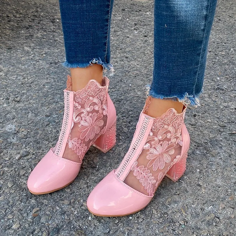 2021 New Woman Mesh Black Ankle Boots for Women Summer Square Heels Boots Sandal Ladies Round Toe Lace Boots
