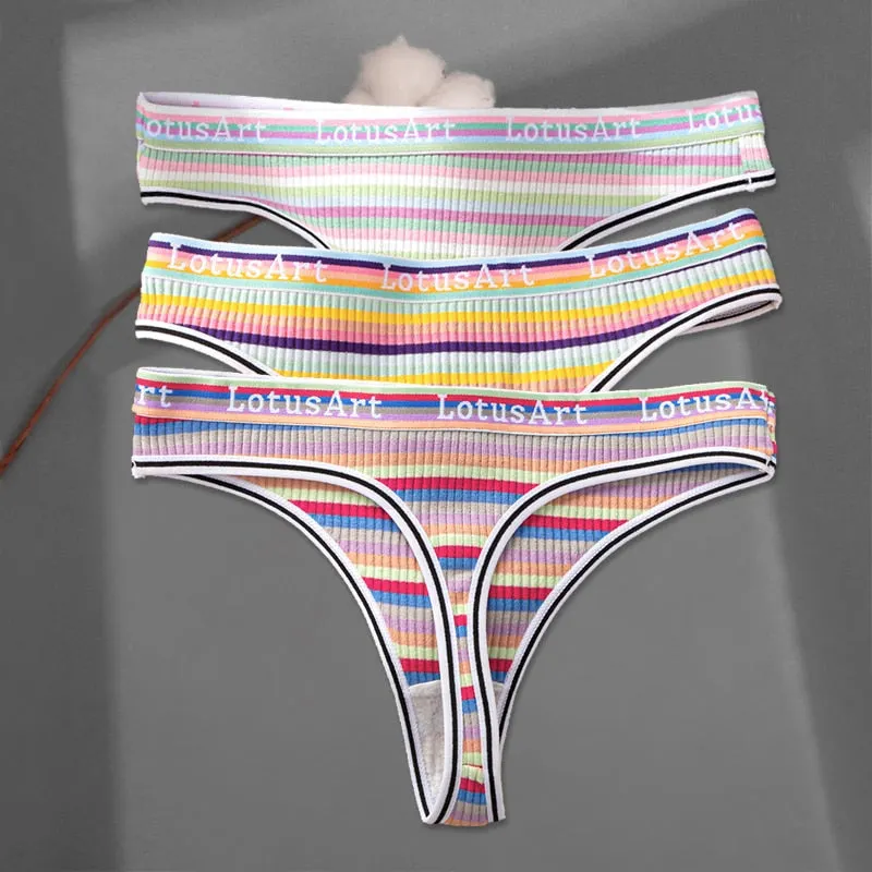 FINETOO 3Pcs/set Women Rainbow Thongs M-XL Cotton Panties Comfortable Striped T-Back Underwear Ladies Soft G-string Lingerie New