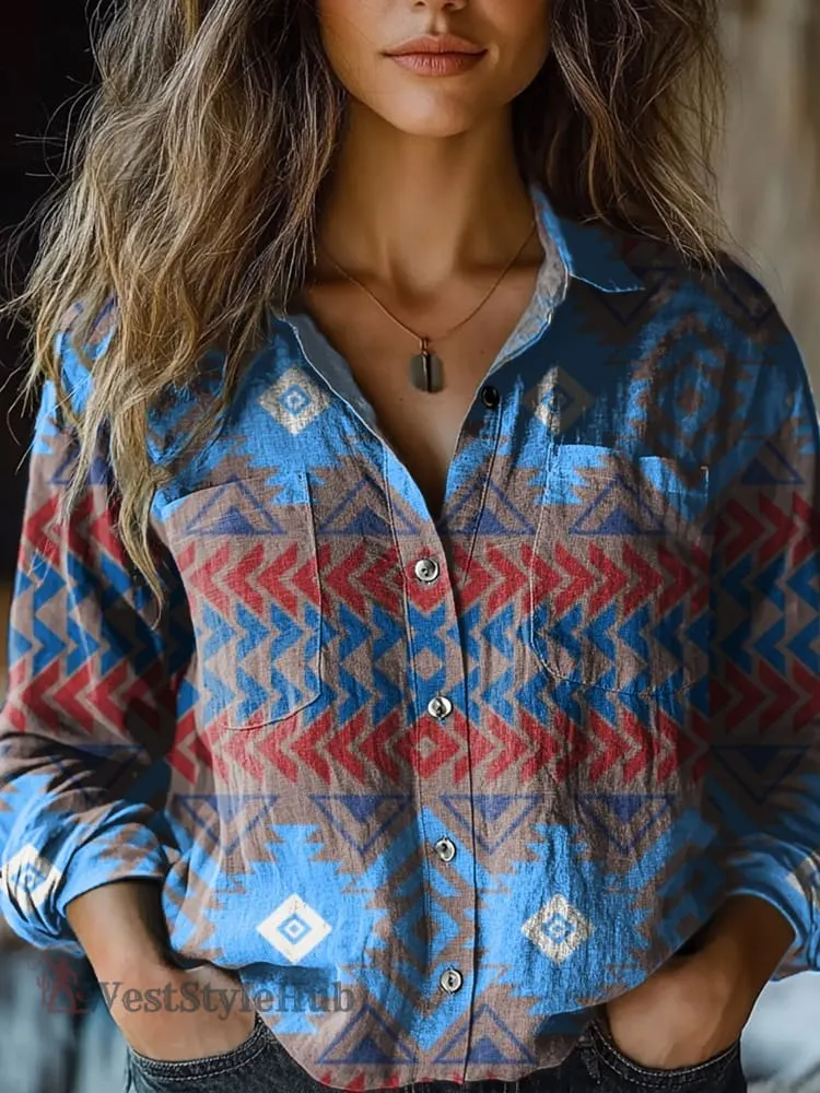 Womens Vintage Blue Aztec Art Print Casual Long Sleeve Comfortable Cotton Shirt