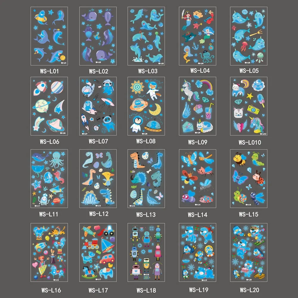 European and American children waterproof tattoo stickers cute dinosaur mermaid cartoon blue luminous temporary tattoo stickers