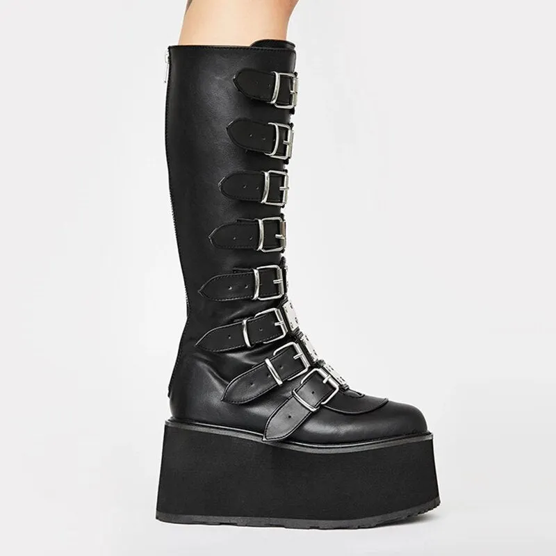 Leather Women Mid-Calf Boots Gothic Style Cool Punk Motorcycles Females Boot Platform Wedges High Heels Calf Boots Women's Shoes