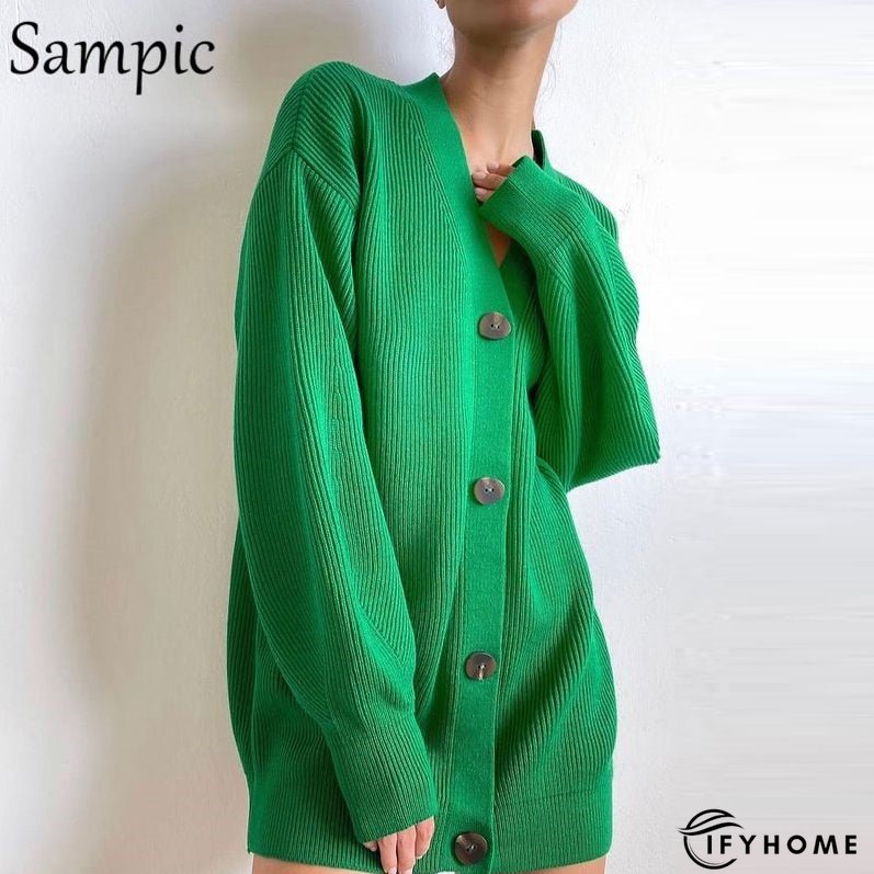 Christmas Gift Sampic Loose Patchwork Knitwear Winter Women Cardigans Tops Oversized Long Sleeve Y2K V Neck Sweater Casual Fashion Tops | IFYHOME