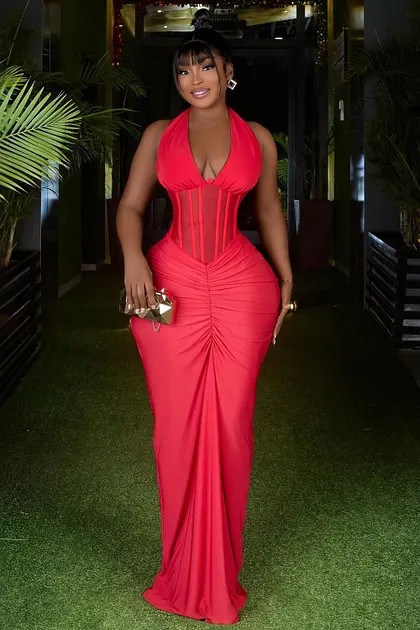 Embroidered Red Rose See Through Prom Maxi Dresses