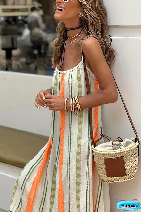 Happy Sunday Linen Blend Ethnic Print A-line Cami Maxi Dress