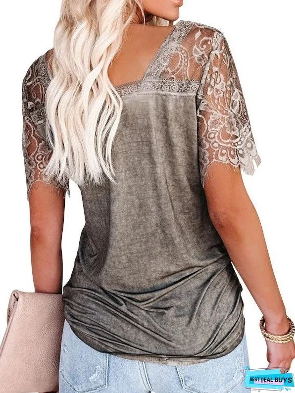 Short Sleeve V-Neck Feather Lace Lace Sleeve Top