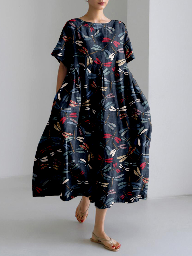 Traditional Colorful Dragonfly Japanese Art Linen Blend Maxi Dress