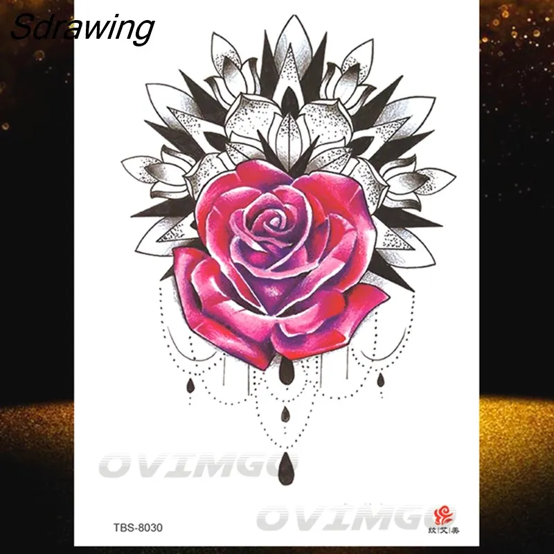 Sdrawing Lotus Flower Temporary Tattoos Fake Jewelry 3D Beauty Rose Tattoo Sexy Body Art Arm Painting Tatoo Sticker For Women