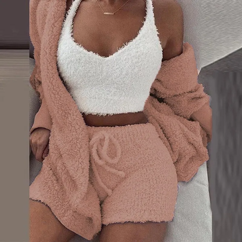 3PCS/Sets Sexy Fluffy Suits Hooded Coral Velvet Plush Coat+Shorts+Crop Top Women Tracksuit Casual Sports Overalls Sweatshirts