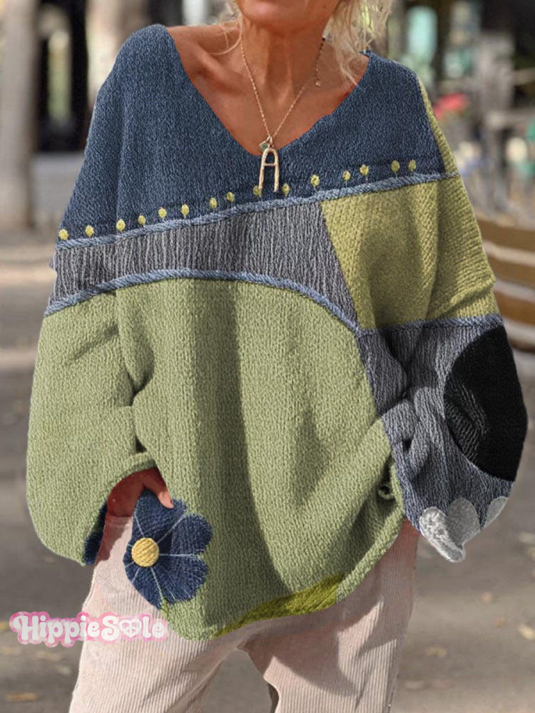Women&rsquo;s Vintage Abstract Geometric Splicing Pattern Art Print Casual Pullover Sweater Multicolor / M