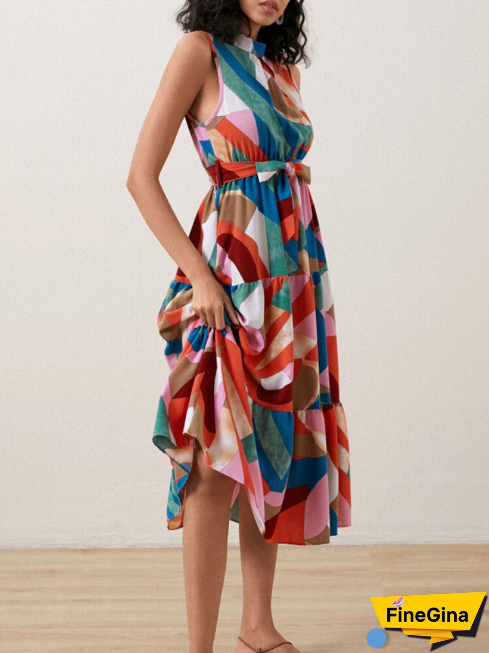 Multicolor Geo Print Stand Collar Sleeveless Maxi Dress