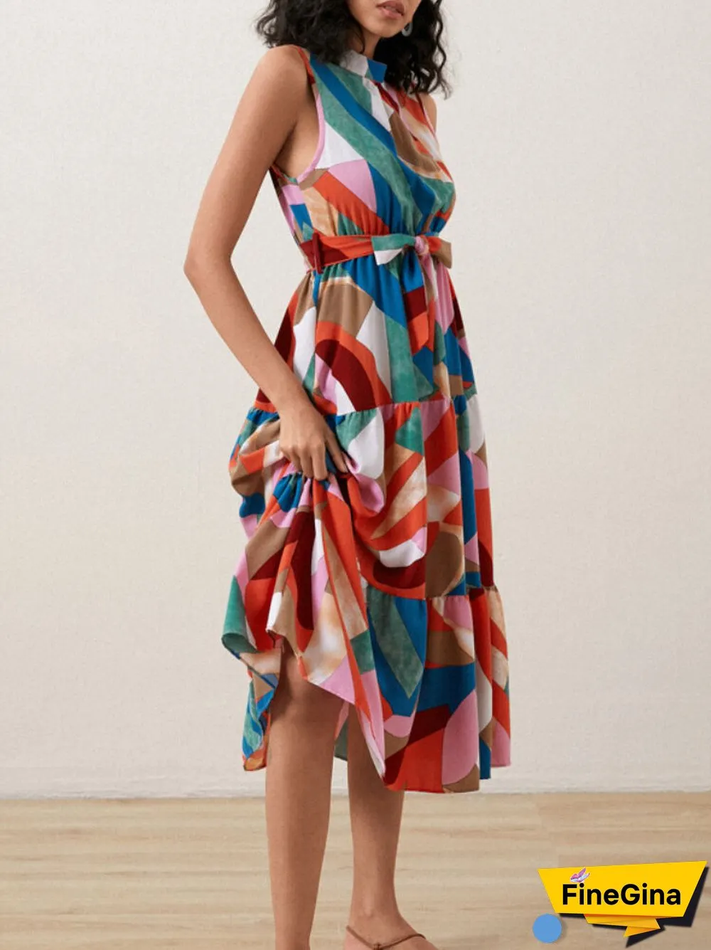 Multicolor Geo Print Stand Collar Sleeveless Maxi Dress