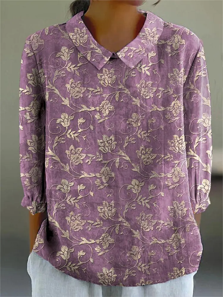 Women's Vintage Lovely Floral Pattern Art Print Casual Cotton And Linen 3/4 Sleeve Shirt