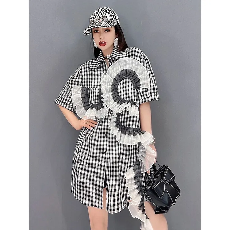 Chic Lapel Plaid Irregular Ruffles Patchwork Decor Single Breasted Shirt Dress   