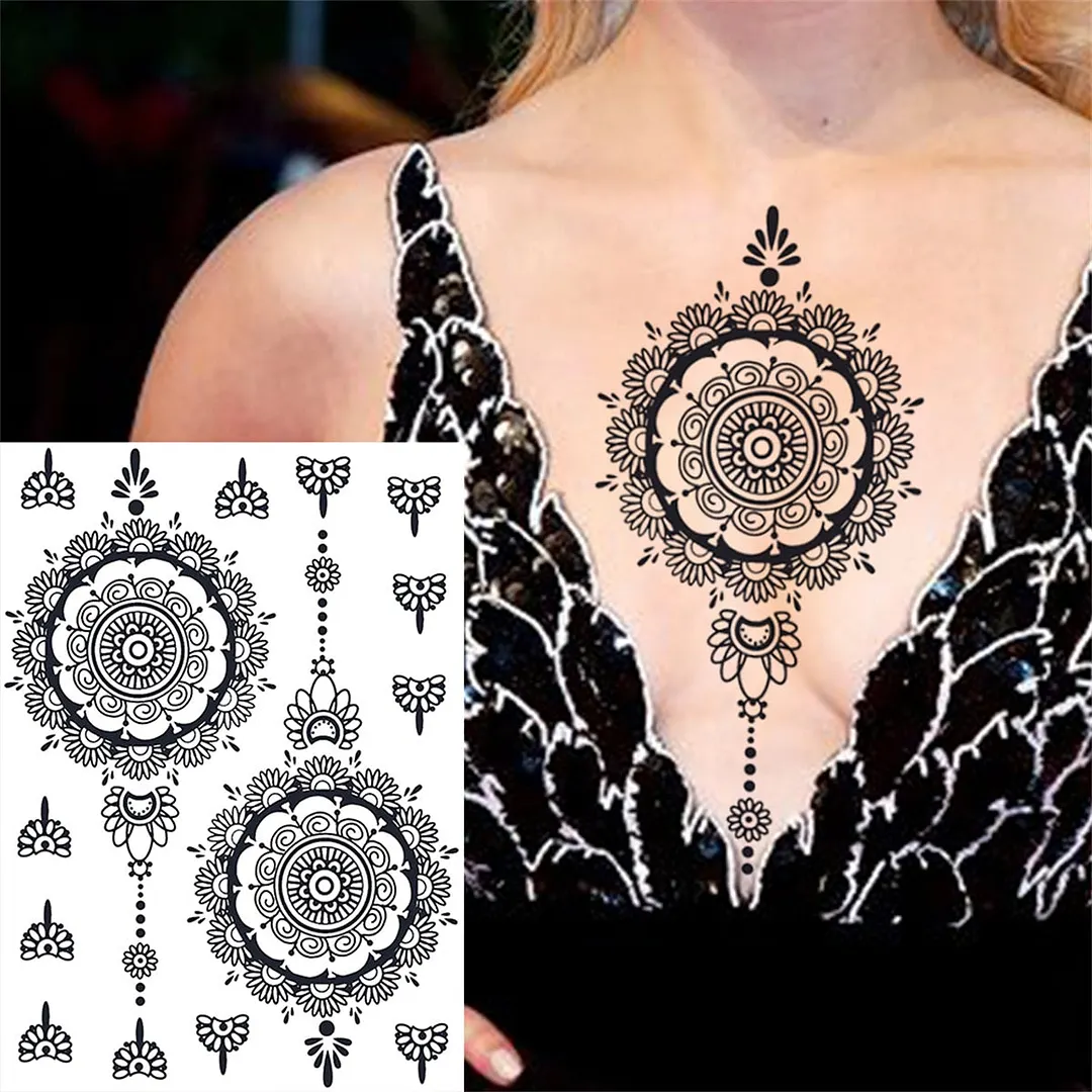 Sexy Black Henna Temporary Tattoos For Women Girls Lotus Flower Lace Tattoo Sticker Fake Jewelry Mandala Body Chest Tatoos Paper