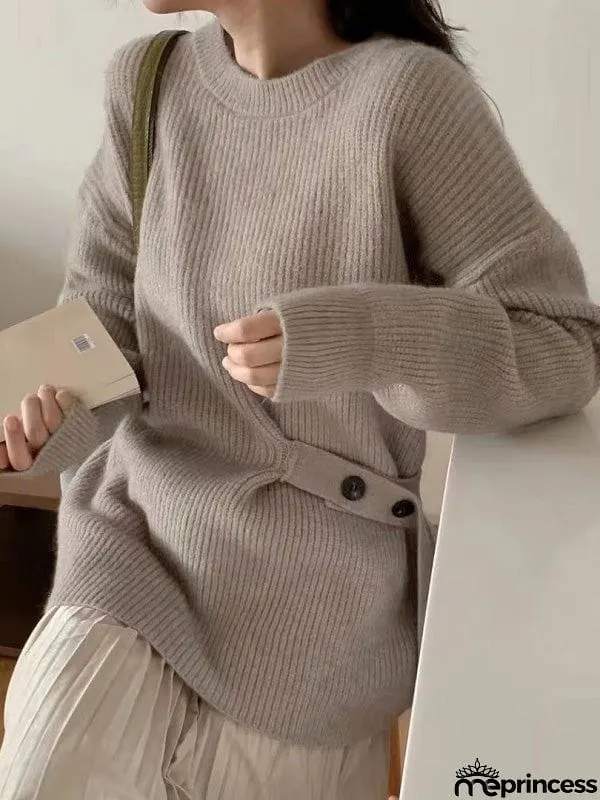 Casual Long Sleeves Loose Solid Color Round-Neck Sweater Tops