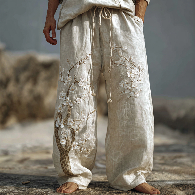 Men's White Almond Blossom Embroidered Flowy Wide Leg Linen Pants  artssus