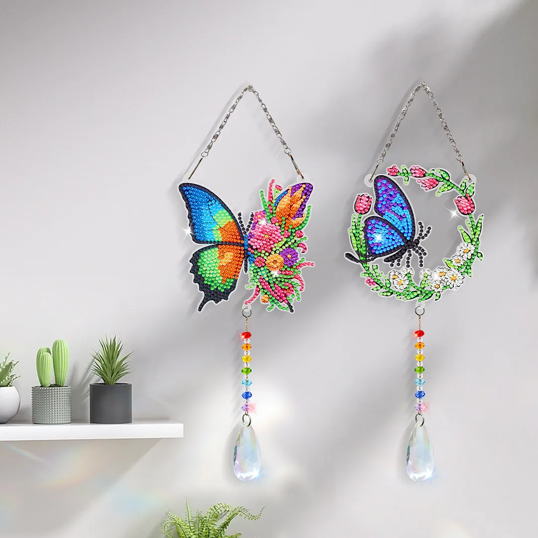 2Pcs Wreath Butterfly DIY Double-Sided Diamond Painting Hanging Kits Diamond Painting Suncatcher Craft Kit for Home Garden Wall Decor Gift