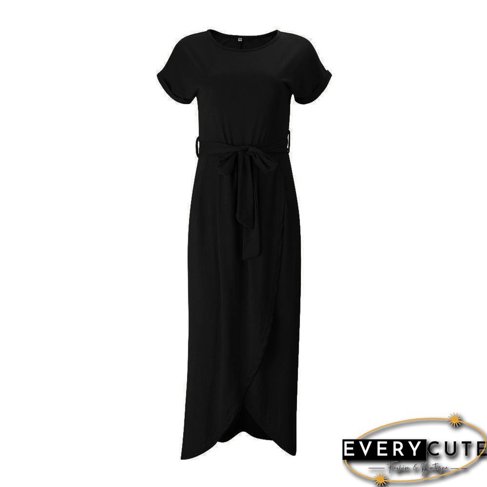 Solid Color Split-front Round-neck Maxi Dress