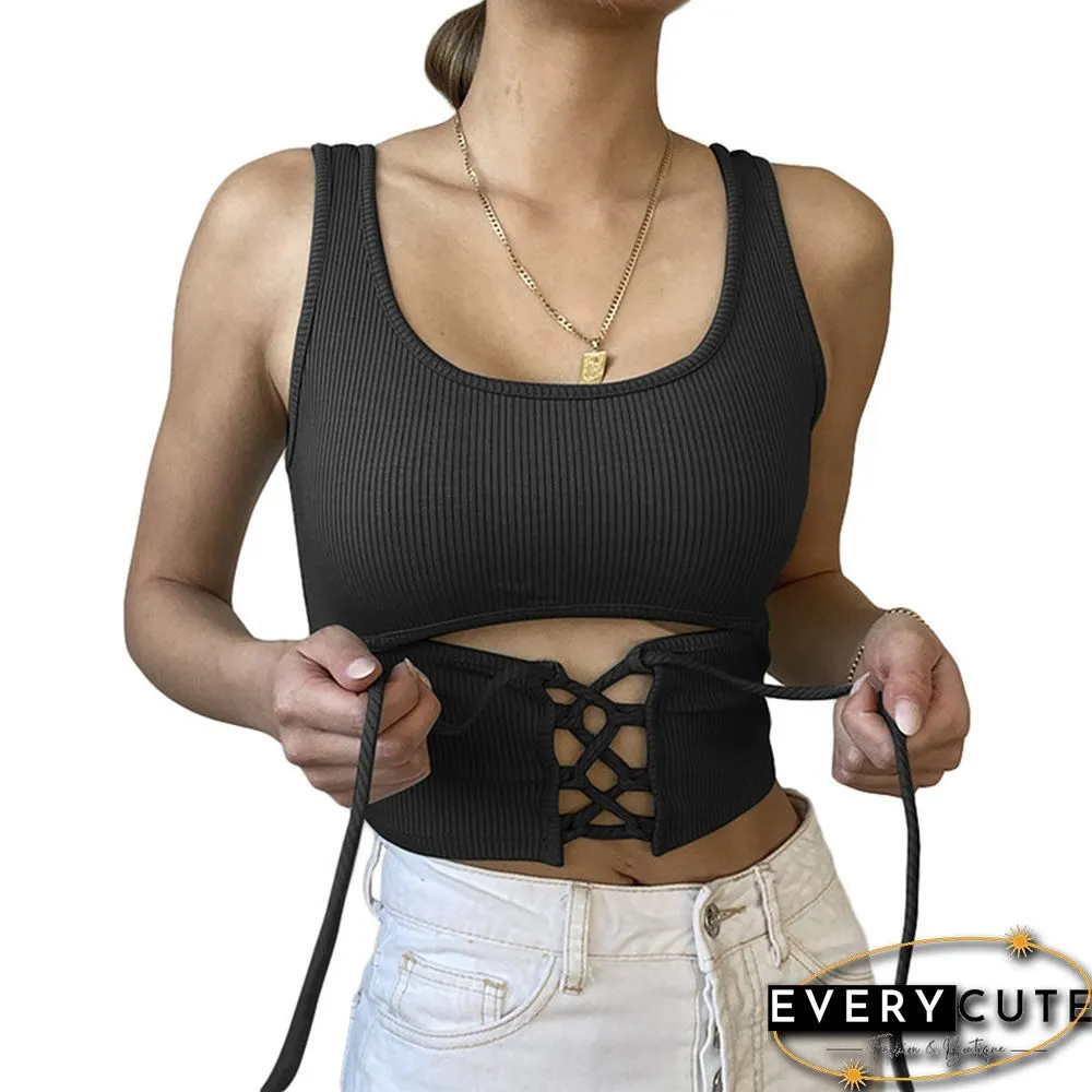 Women's Shirt Sexy U-neck Hollow Out Camisole Sleeveless Solid Color Criss Cross Tank Top Lace-up Rib Knit Crop Tops
