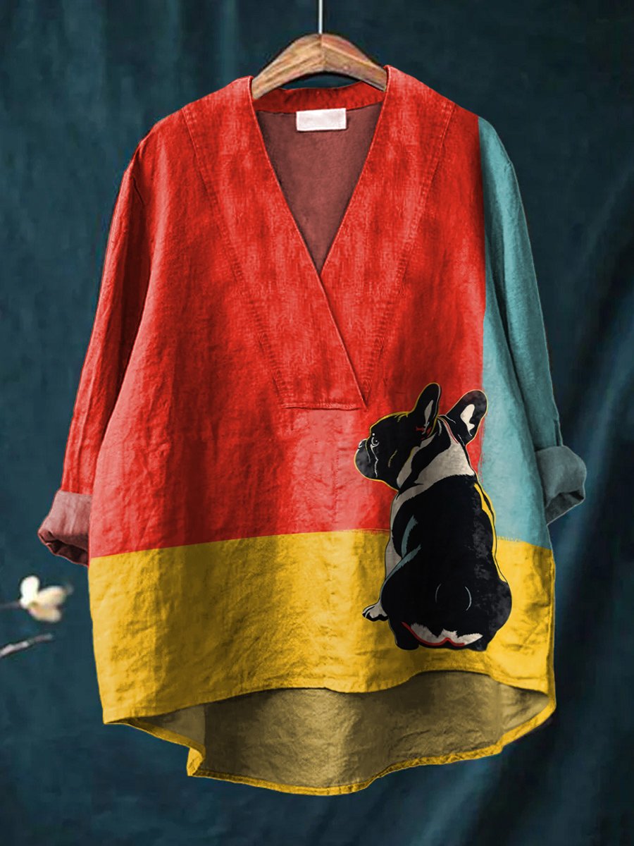 Three-color Bottom French Bucket Back Decorative Pattern Casual Cotton And Linen V-neck Shirt
