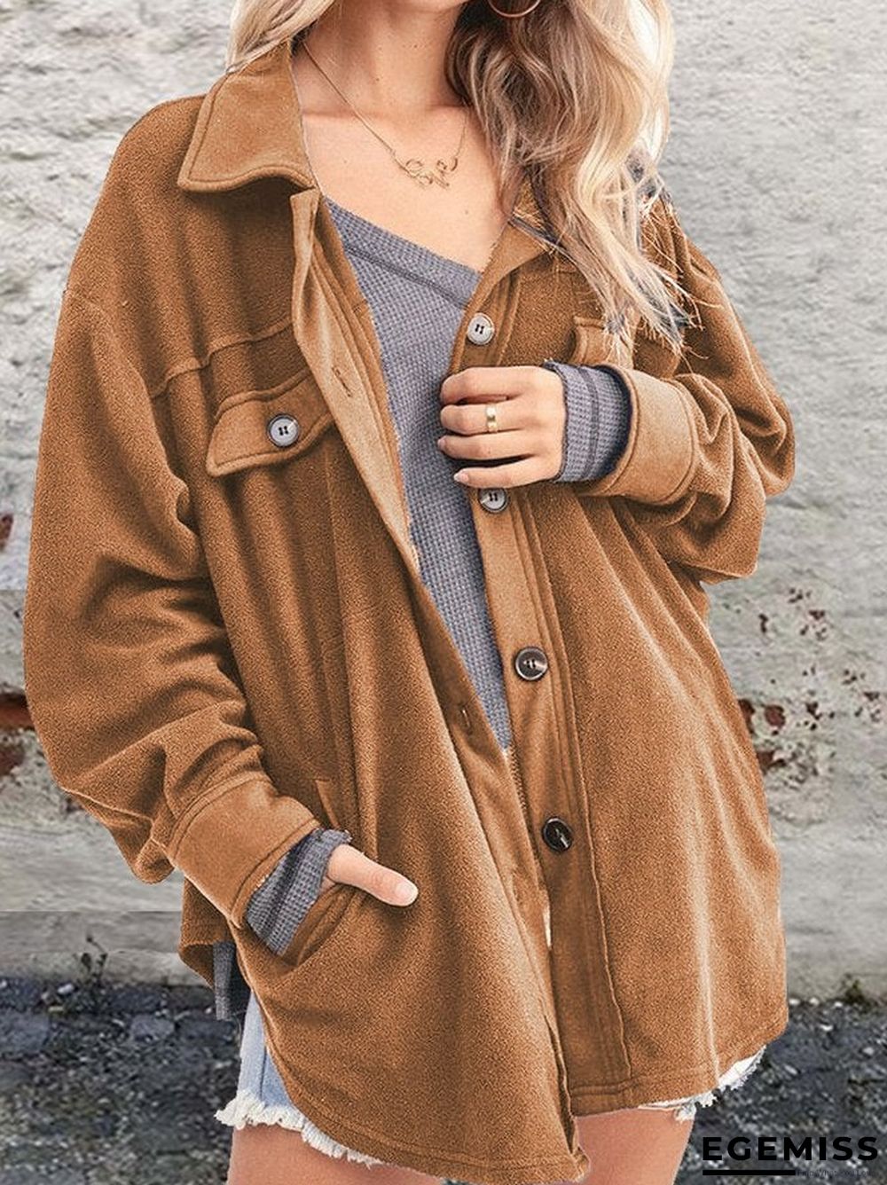 Brown Cotton Blends Plain Loosen Outerwear | EGEMISS