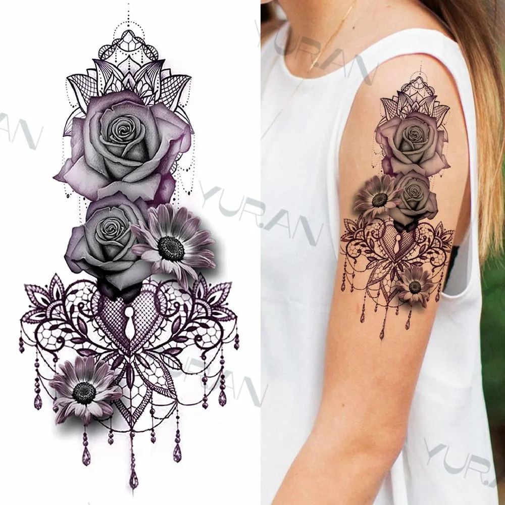 Black Large Snake Flower Fake Tattoo Sticker For Women Dot Rose Peony Temporary Tattoos DIY Water Transfer Tatoos Girls 530