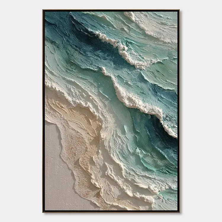 AQUAMARINE RUSH: Textured Impasto Ocean Wave Painting（Canvas painting）