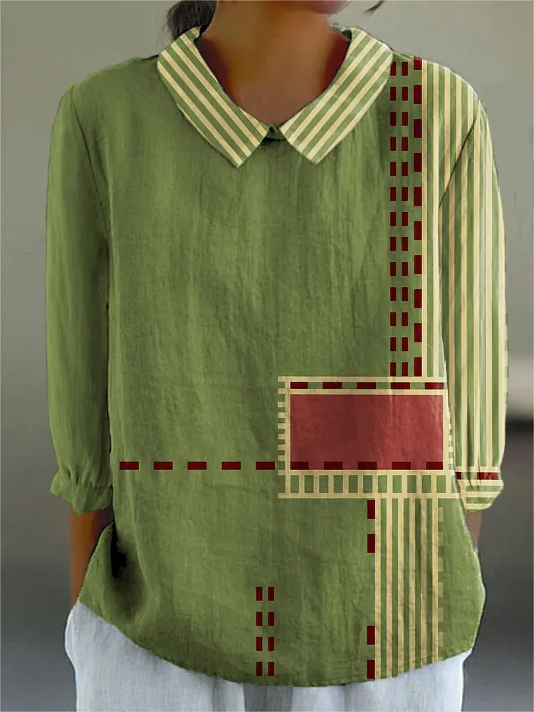Women's Retro Abstract Geometric Art Print Casual Cotton And Linen 3/4 Sleeve Shirt